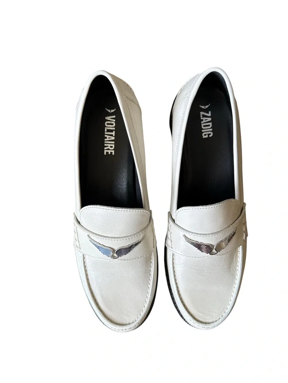 Zadig & Voltaire White Leather Penny Loafers with Silver Wing Detail size 10